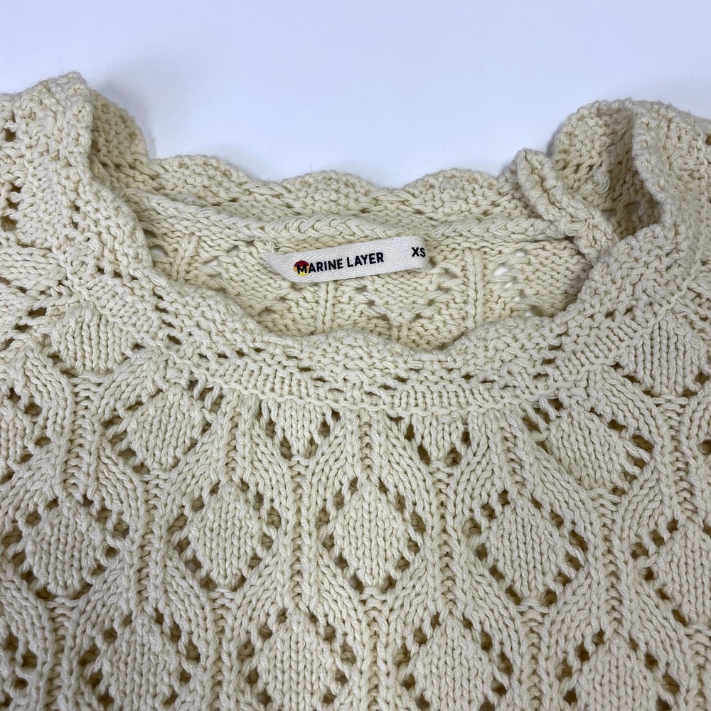 Marine Layer Cream Pointelle Knit Drawstring Sweater XS Diamond Open Knit Boho - Picture 7 of 14